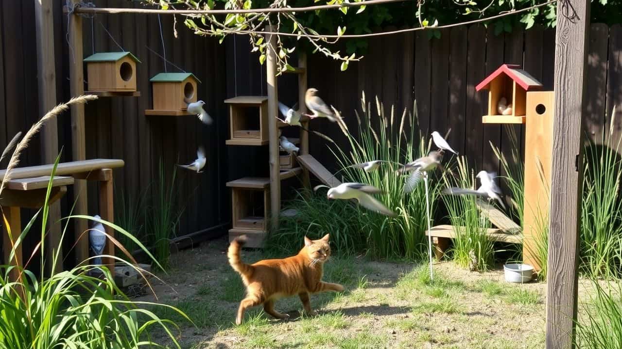 A backyard with wooden perches, nesting boxes, and a playful cat.