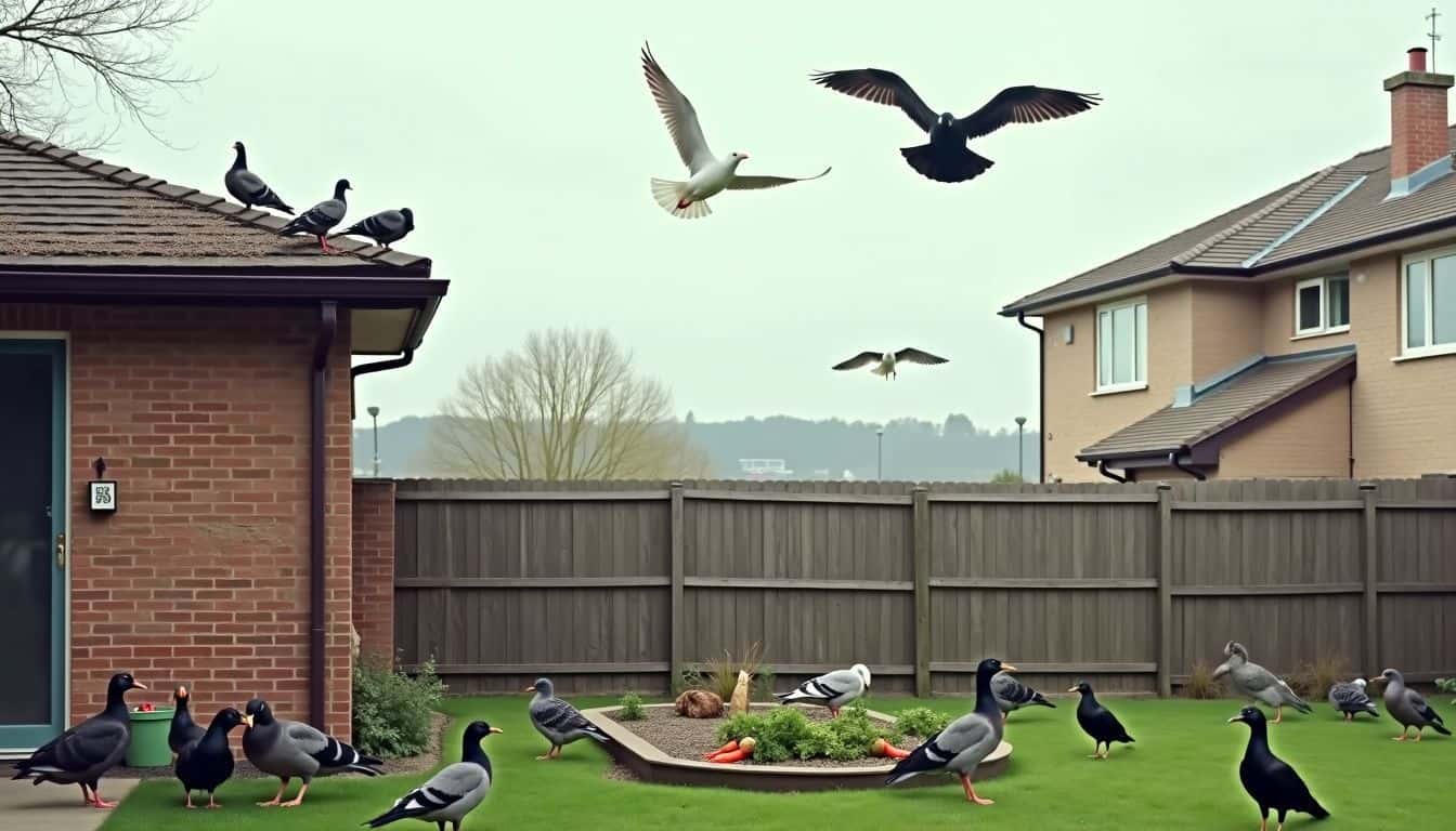 A diverse group of birds coexist peacefully in a backyard setting.