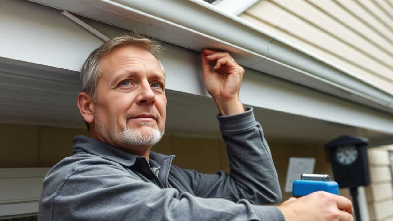 A man in his 40s installs bird spikes on a house.