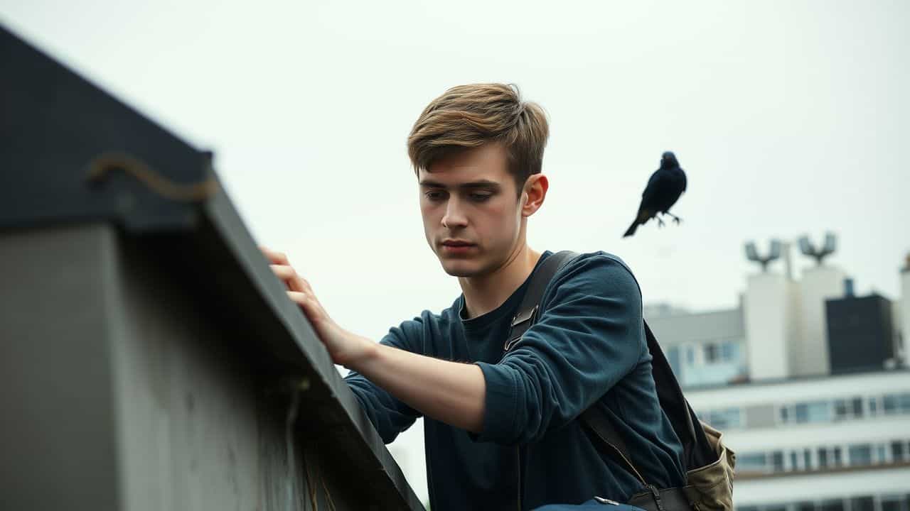 A man installs anti-bird spikes on a rooftop ledge.