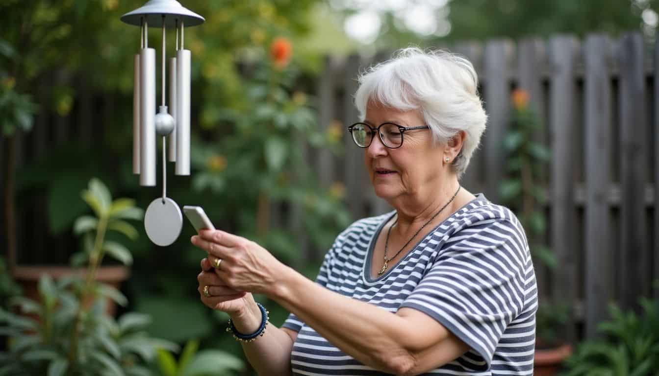 An elderly woman arranging objects in backyard to keep birds away.