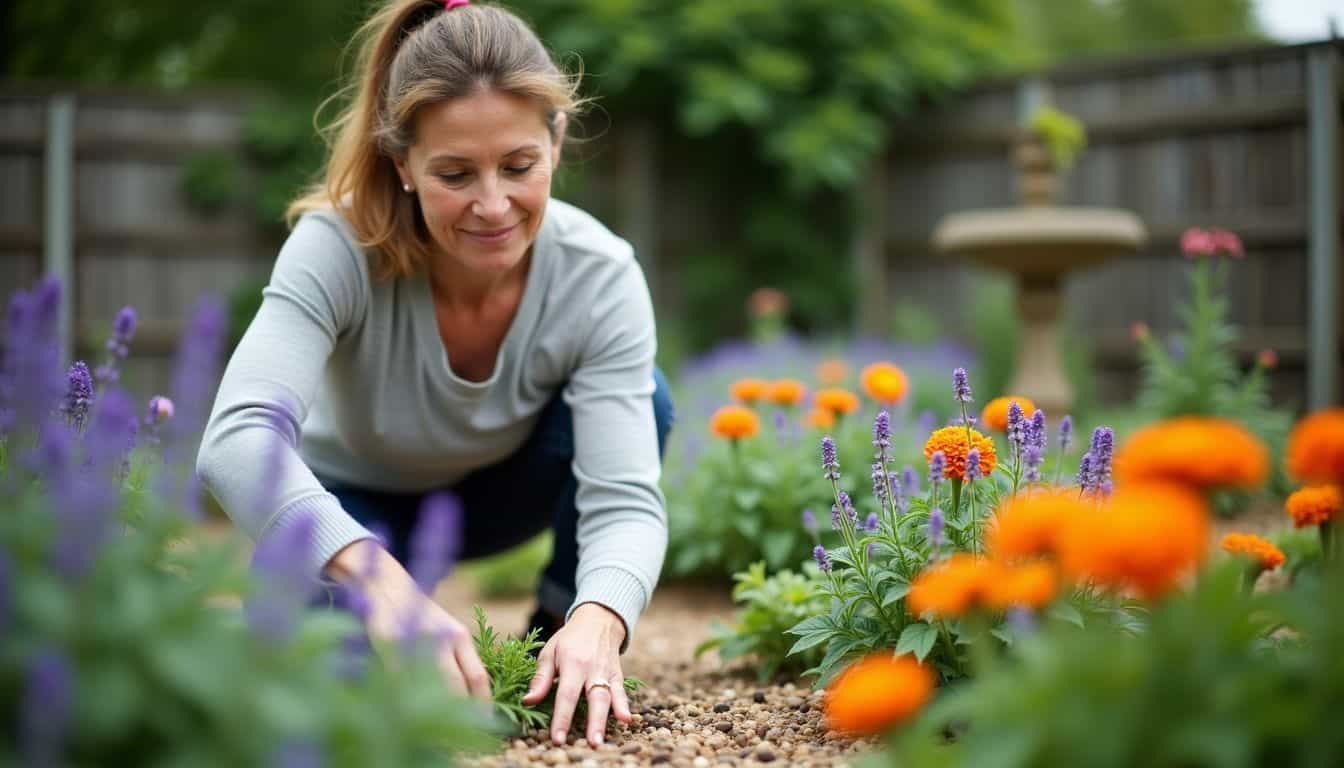 A woman in her 40s planting herbs and flowers in her backyard garden.