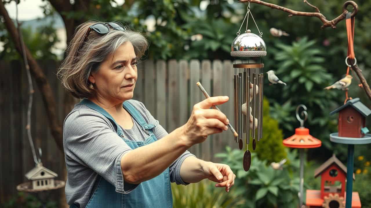 A woman in her 40s working in her backyard garden.