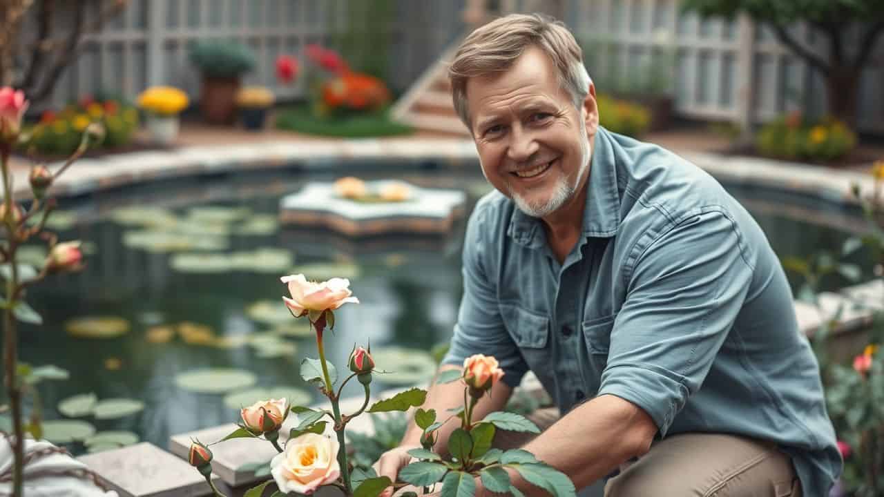 A man planting rose bushes to deter birds in his backyard.