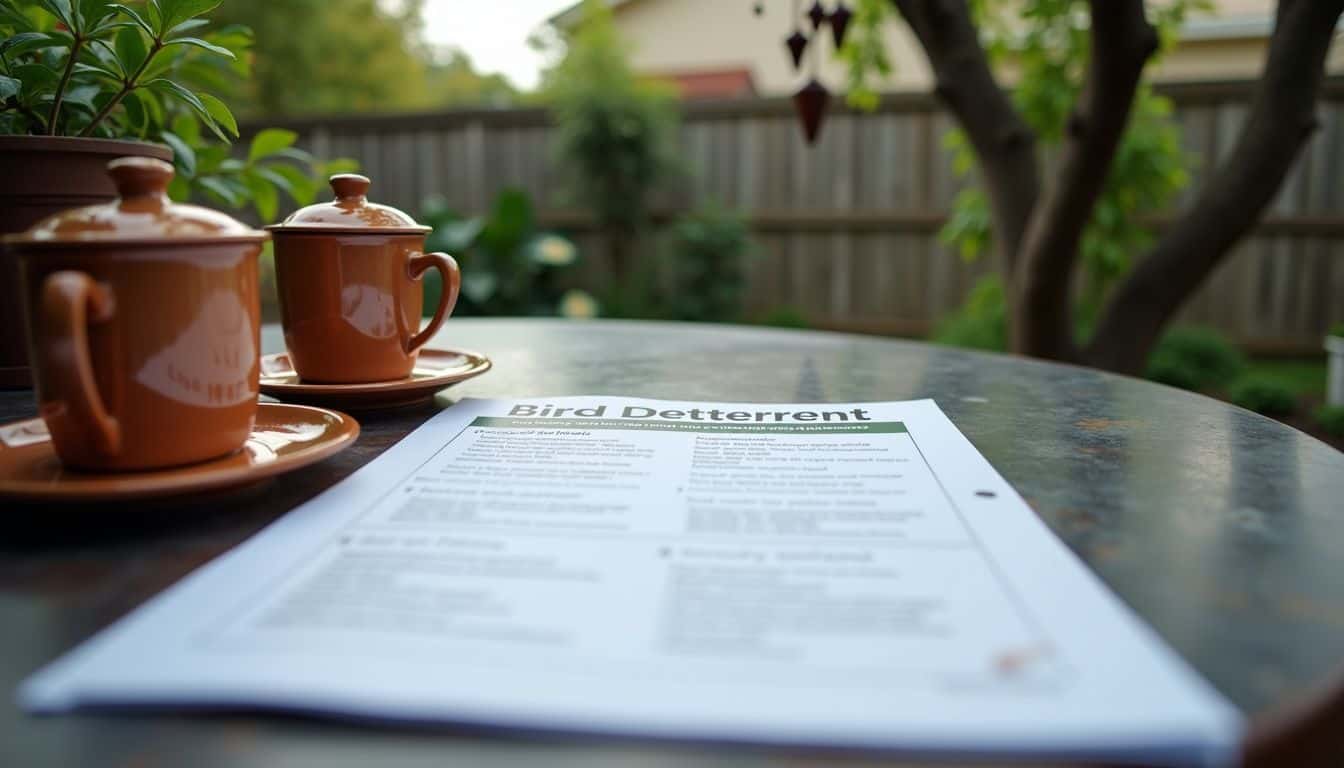 A bird deterrent maintenance checklist in a backyard garden.