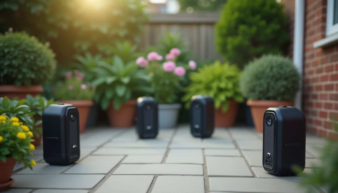 An ultrasonic bird repeller device is placed on a patio.