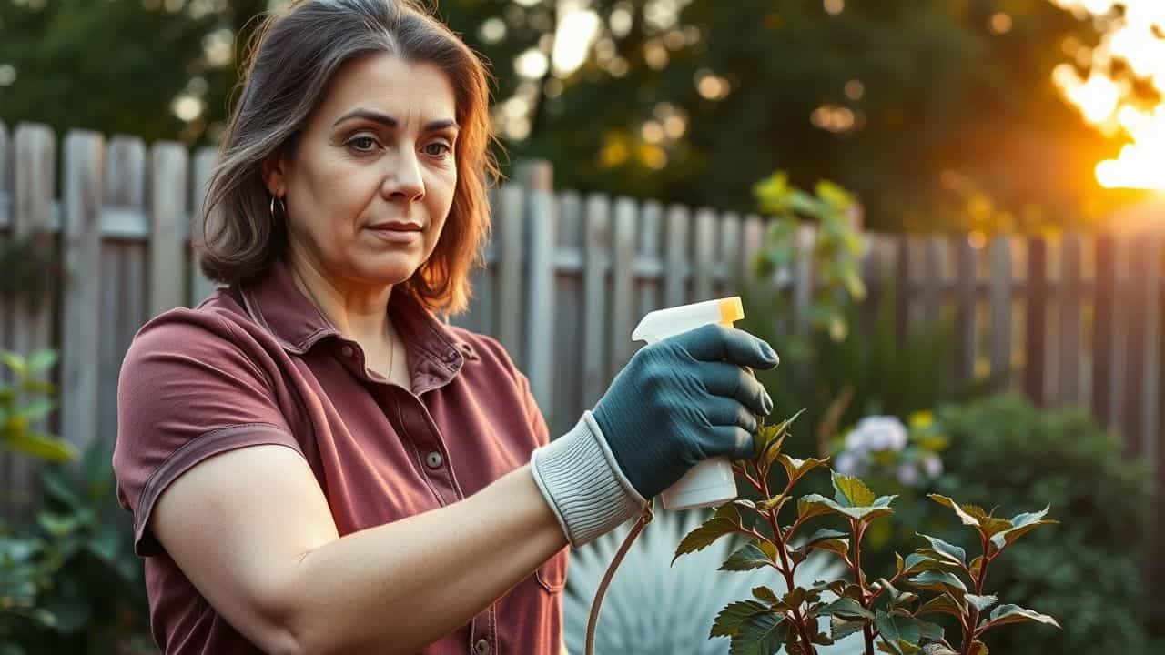 A woman applies non-toxic bird repellent spray to her plants.