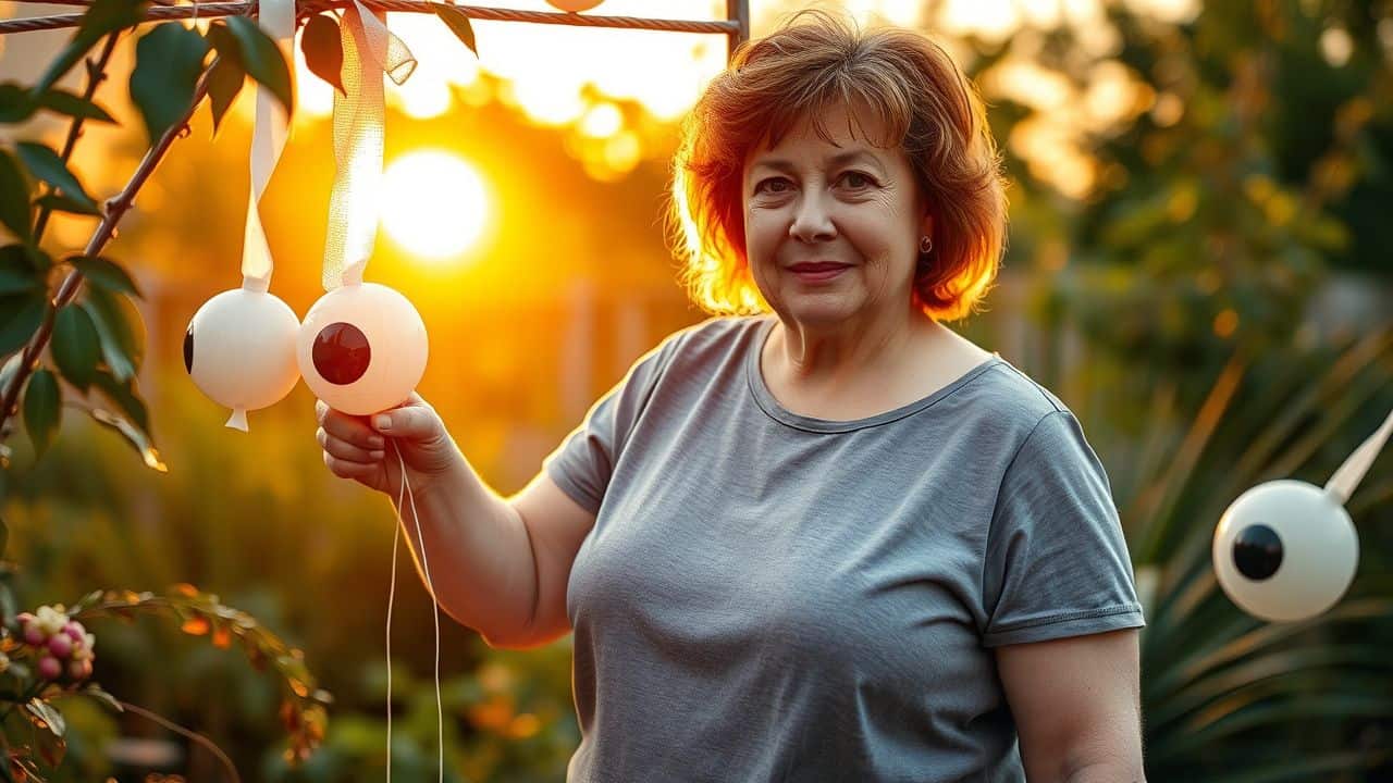 A woman hangs decorations in her garden to keep birds away.