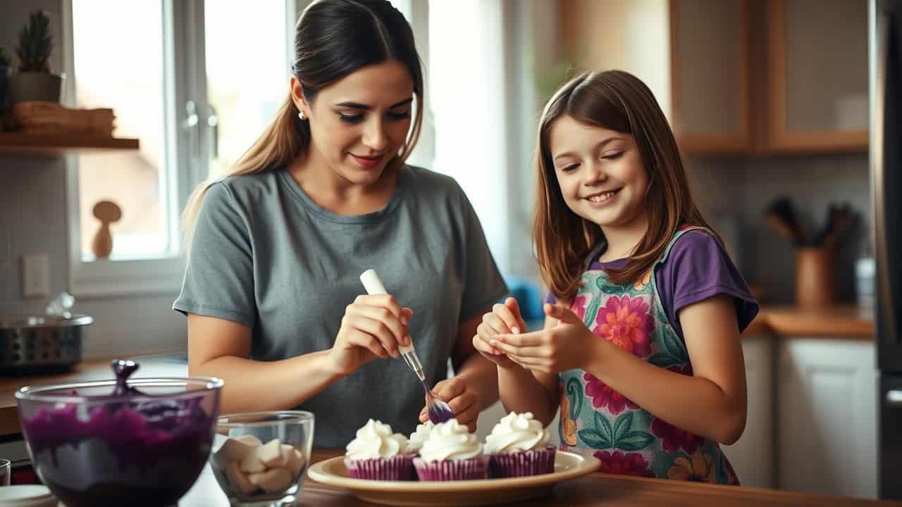 A mother and daughter are baking and making purple icing.