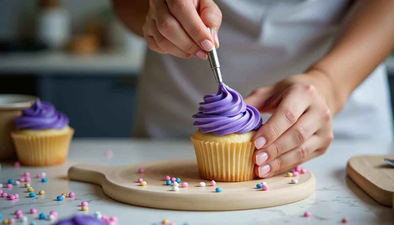 A person in their 20s decorates a vanilla cupcake with purple icing.