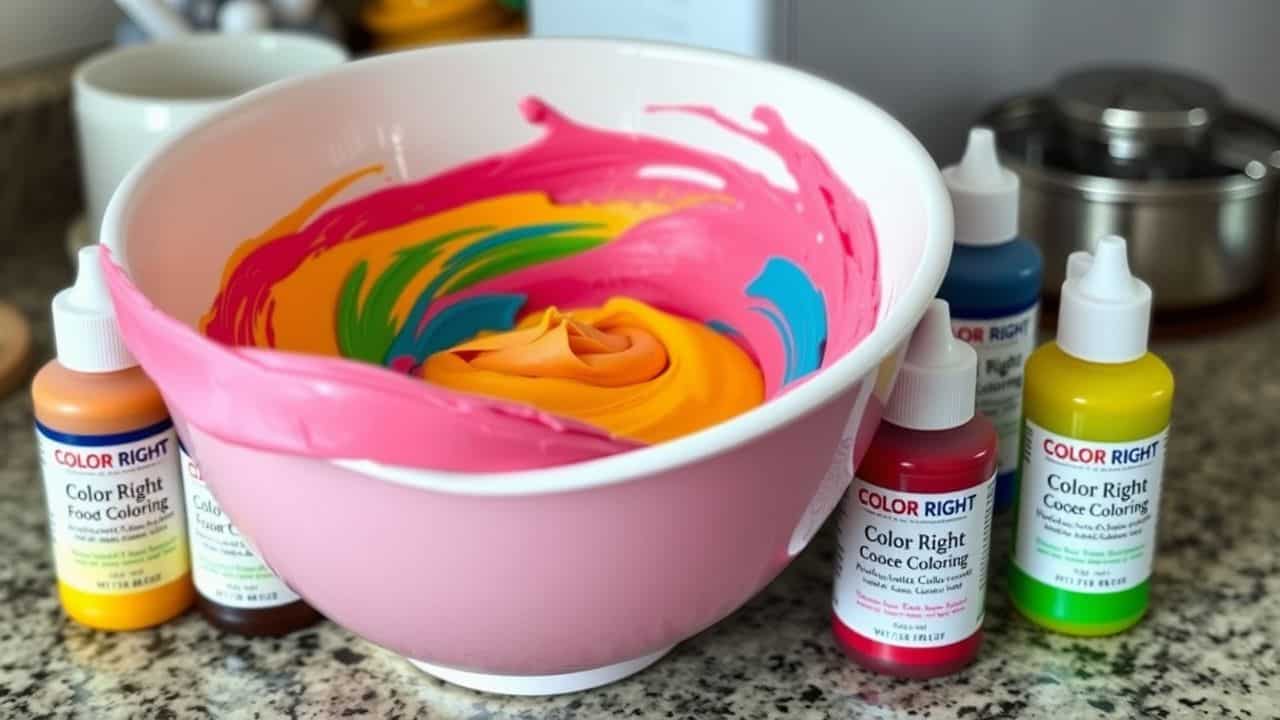 A close-up of a mixing bowl filled with colorful frosting and food coloring containers.