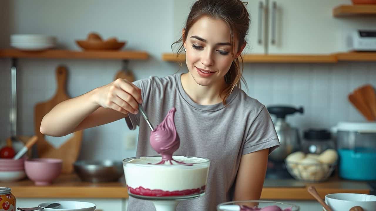 A young woman is mixing icing in a cozy kitchen.