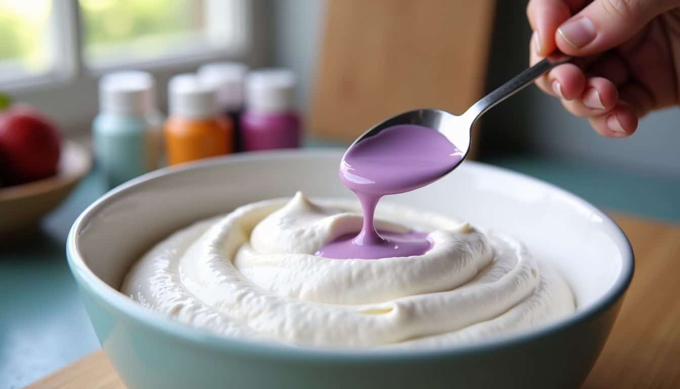 Mixing pastel purple frosting in cozy kitchen.