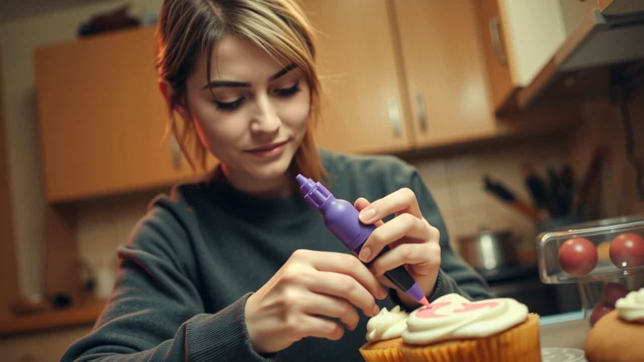 A person decorating with violet icing in a cozy kitchen.