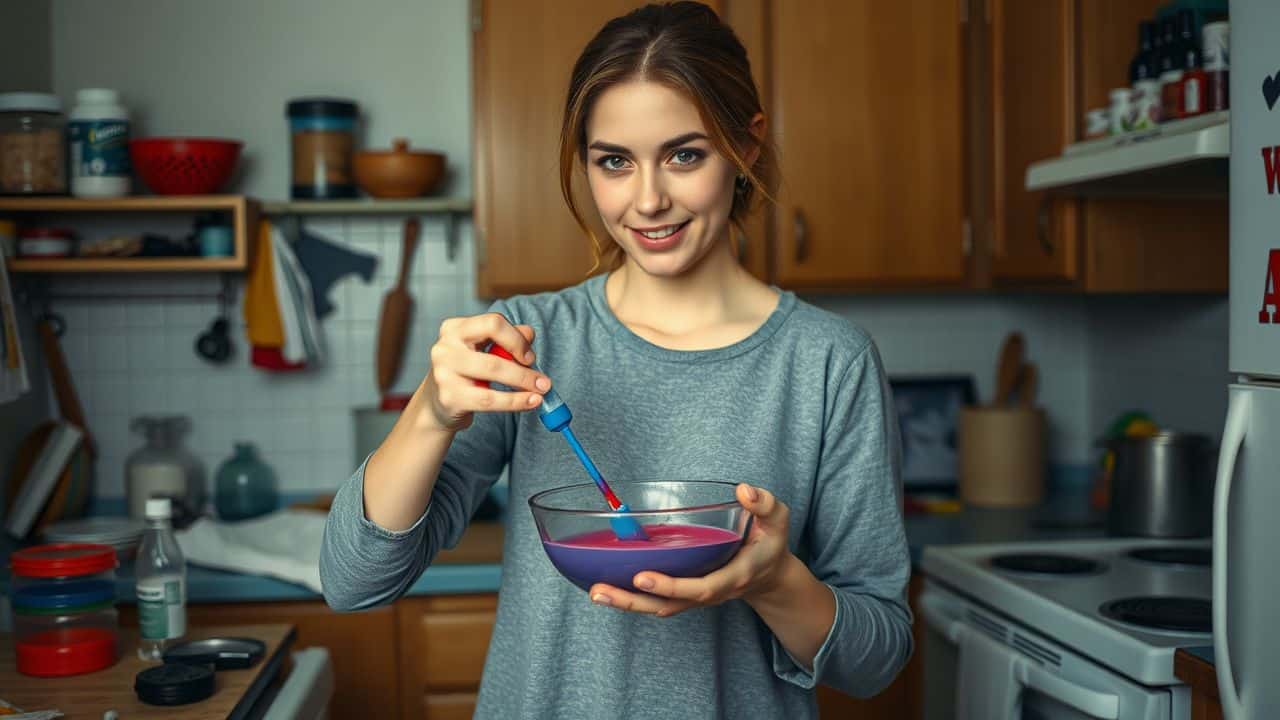 A woman mixes food coloring in a cluttered kitchen.