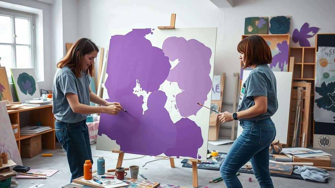 Young artists experimenting with shades of purple paint in cluttered studio.