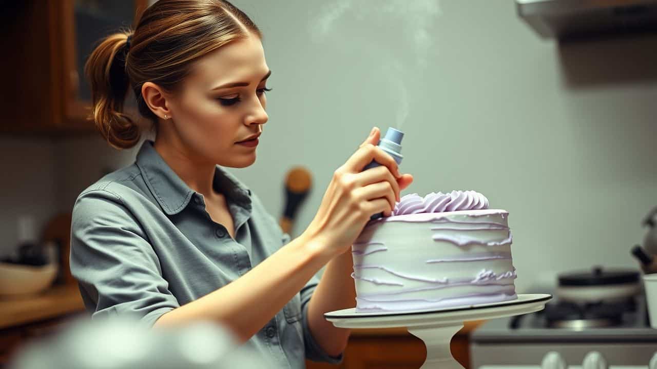 A woman in her 30s decorates a vanilla cake with violet frosting.