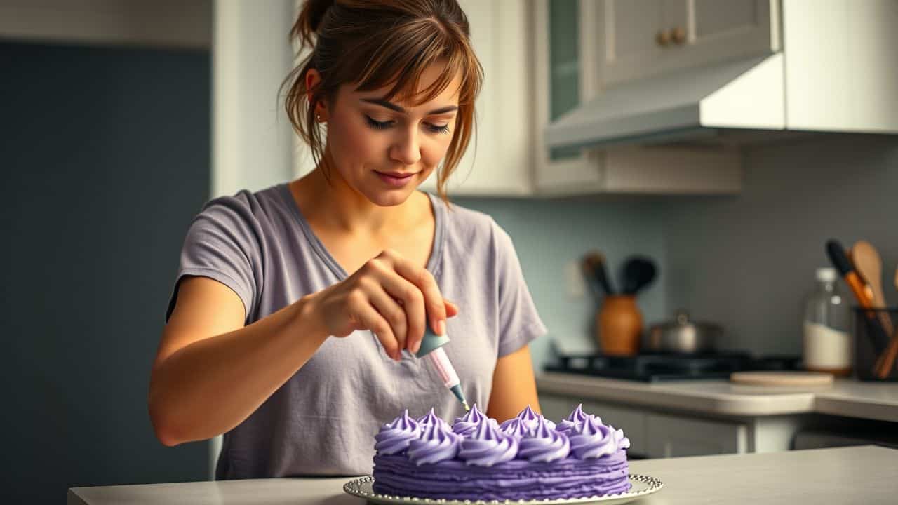 A woman prepares purple buttercream frosting for family game night.