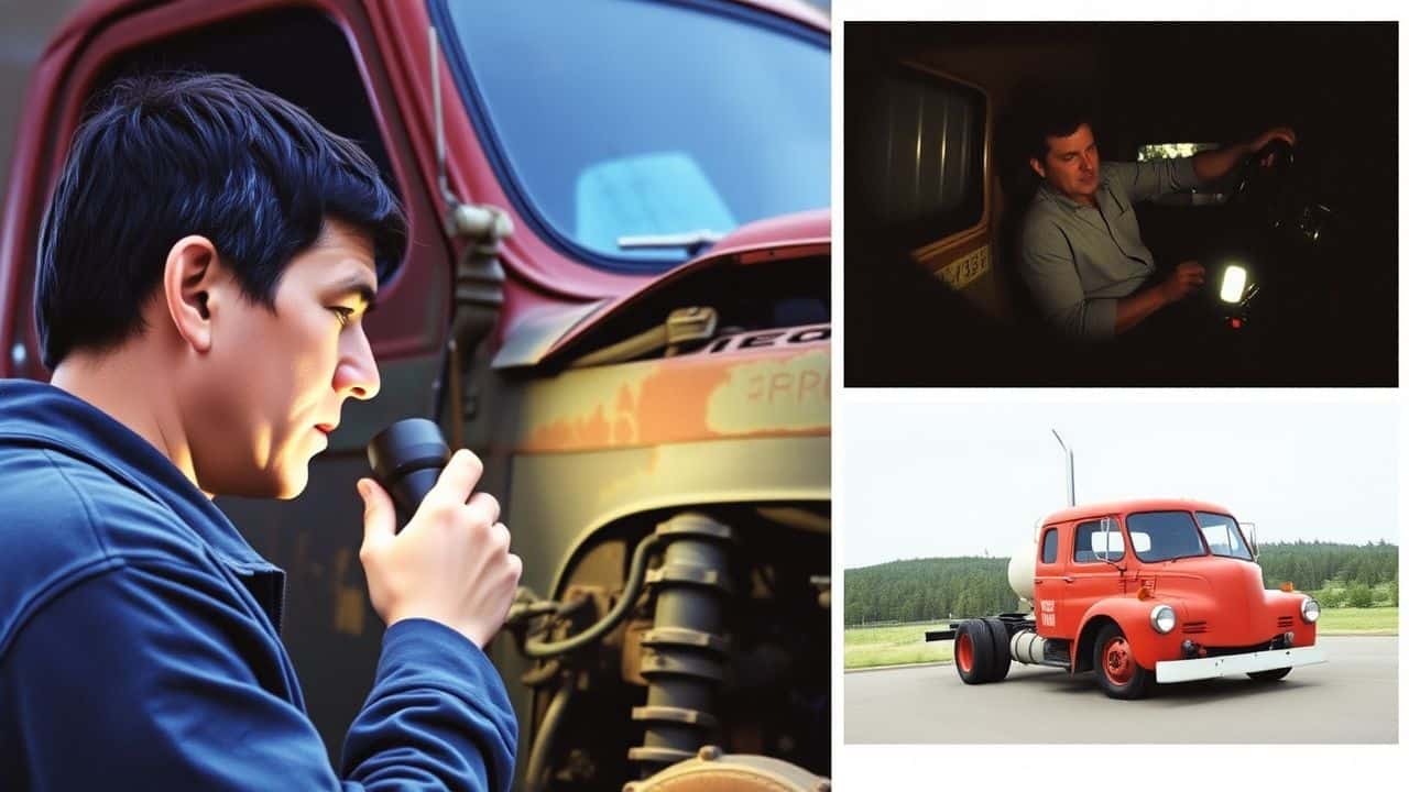 A person inspects an old truck for restoration, then takes it for a test drive.