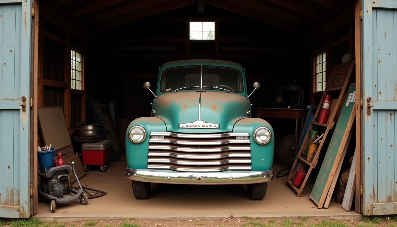 A vintage truck parked inside a rustic barn filled with tools.