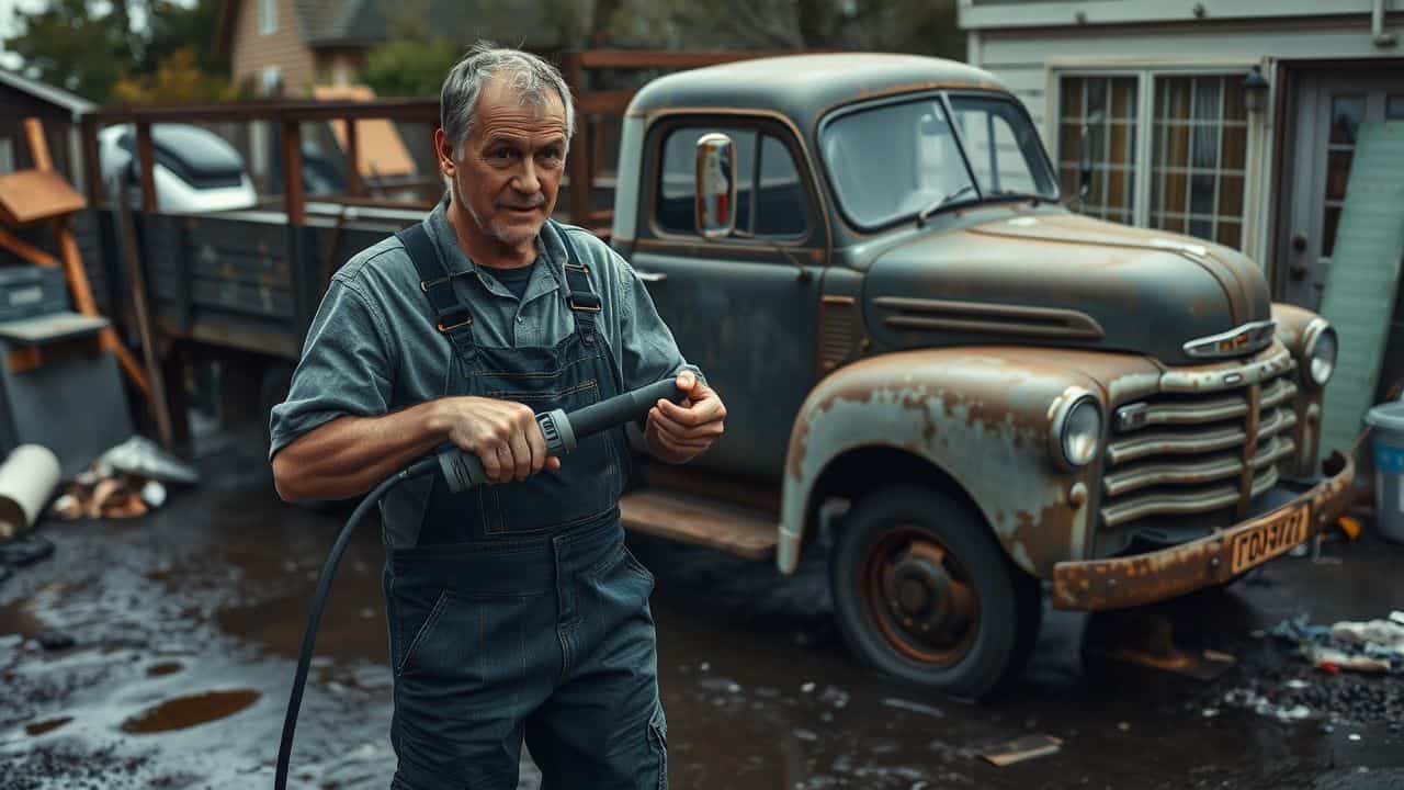 A middle-aged man power washes an old, rusted truck in a cluttered backyard.