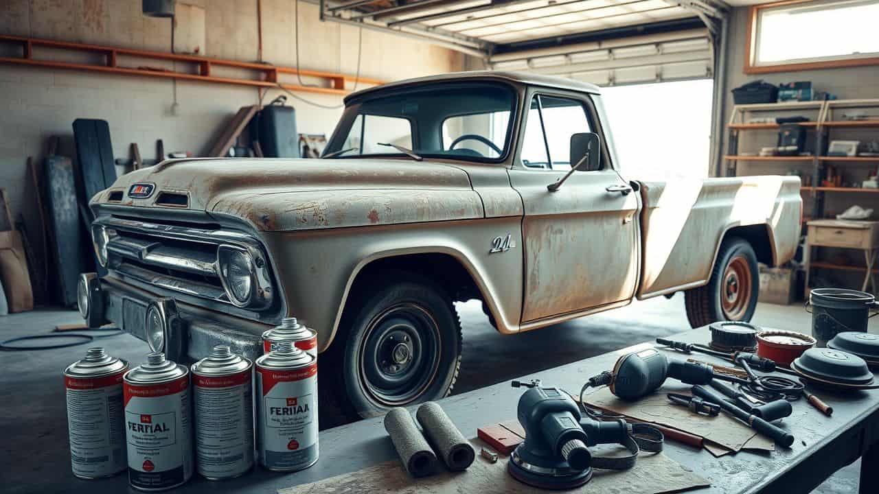 An old pickup truck being repaired in a cluttered garage.