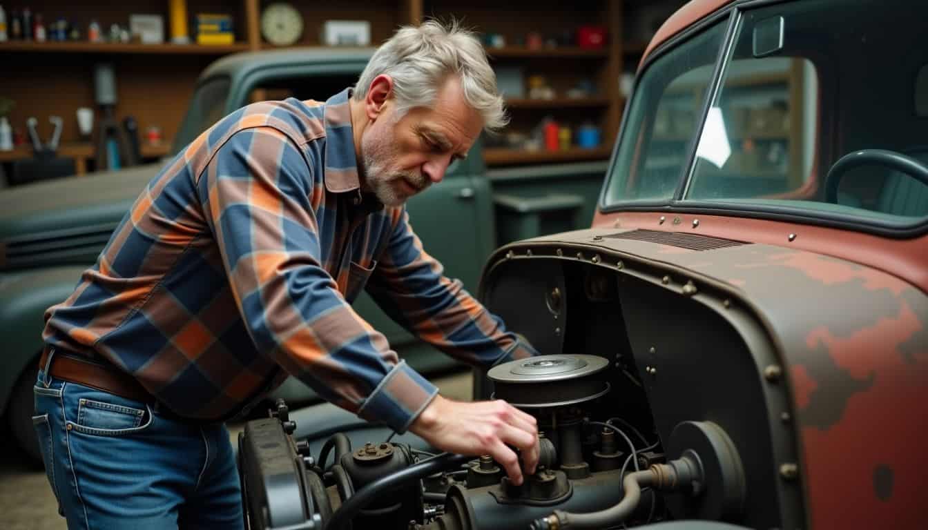 A man inspects vintage truck engine in cluttered garage setting.