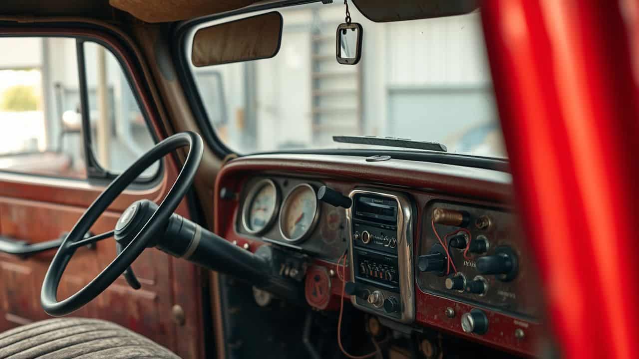 A vintage truck's dashboard with exposed wires and tools in garage.