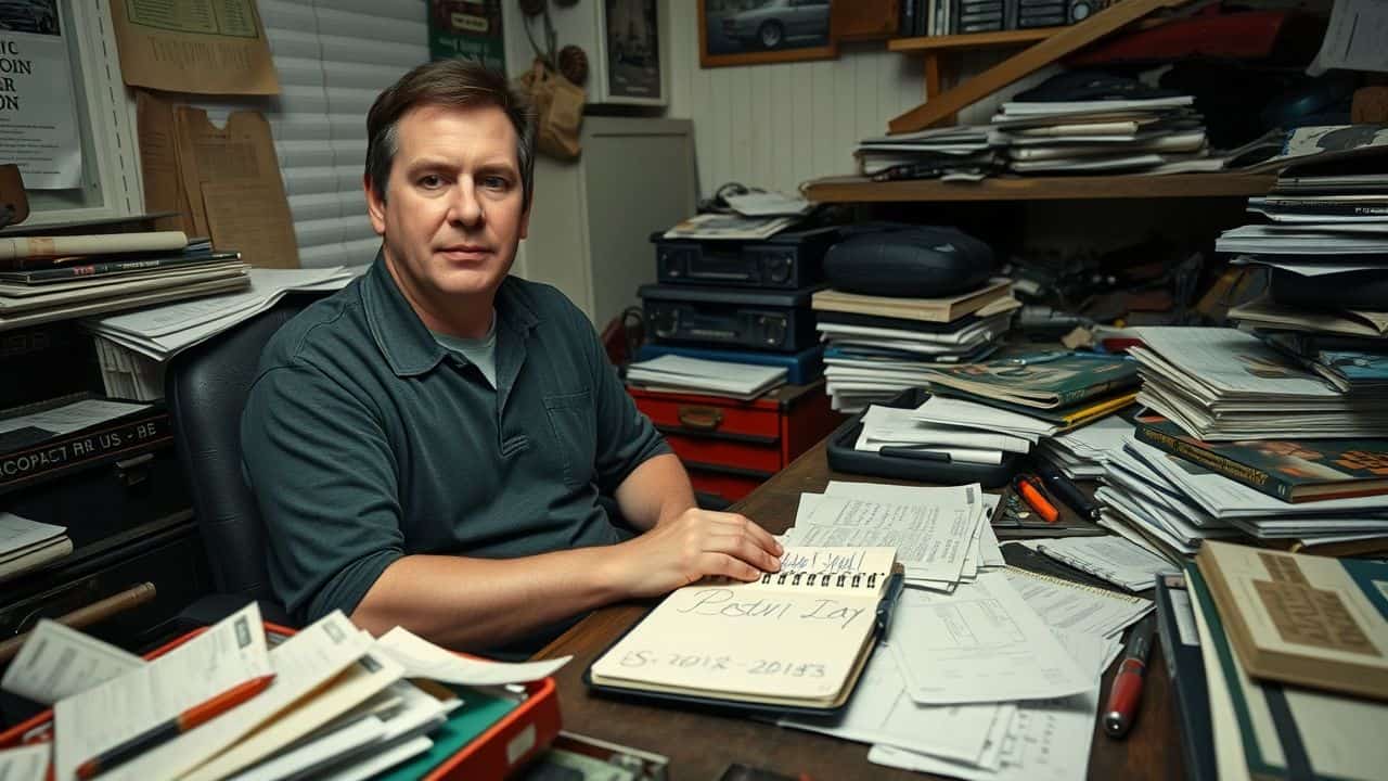 A person sitting at a cluttered desk, managing a truck restoration project.