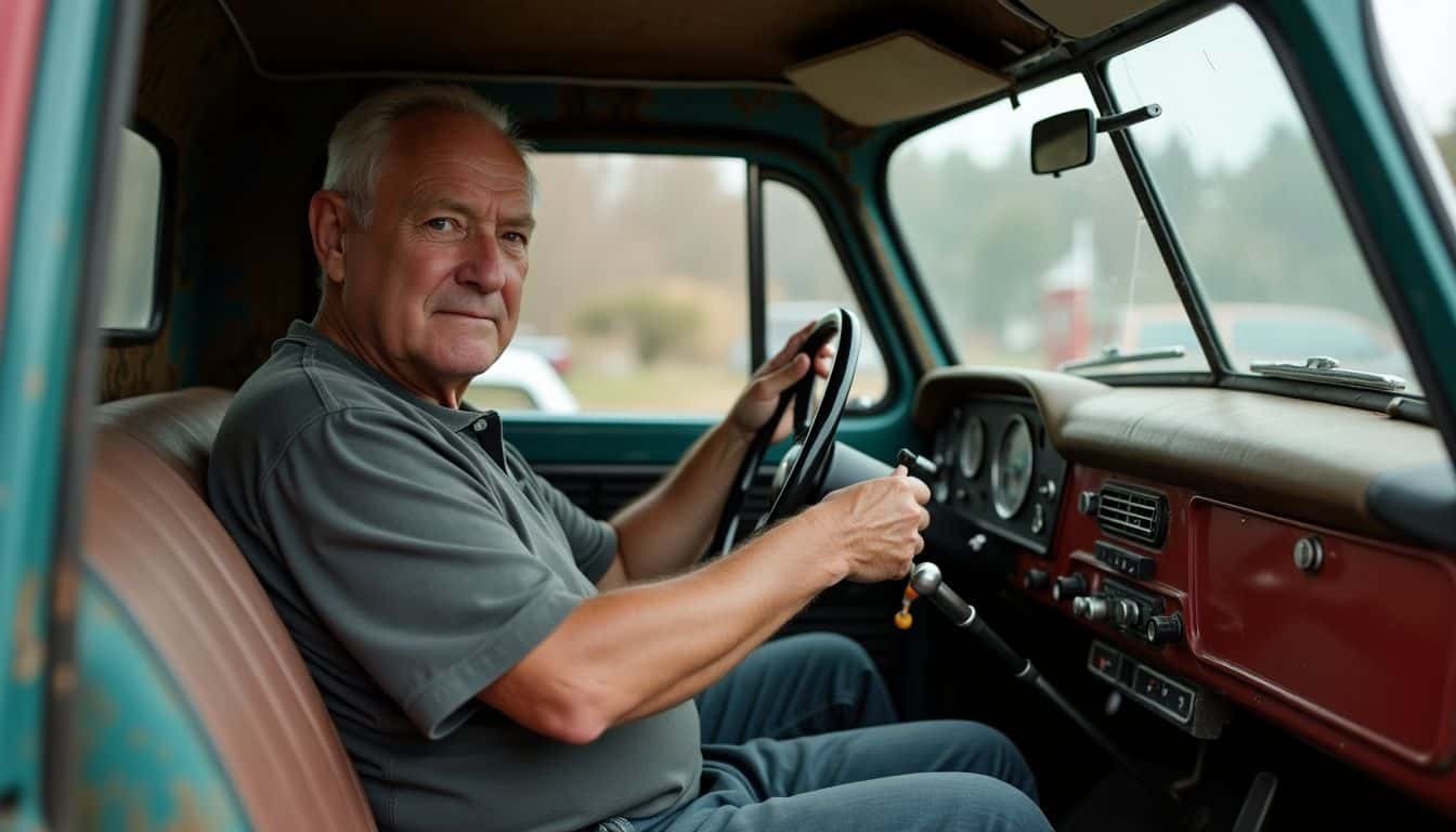 A man in his 50s is customizing the interior of a vintage truck.