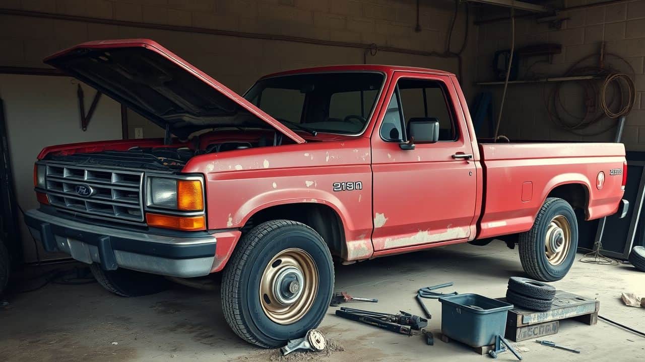 A worn red pickup truck undergoing repair in a dusty garage.