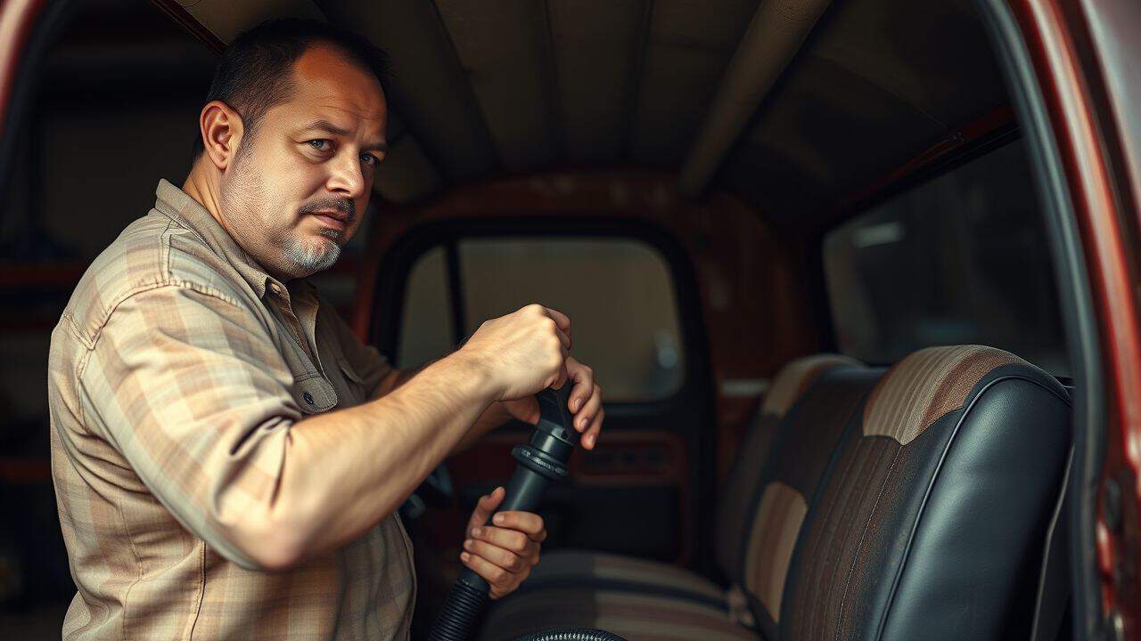 A man in his thirties is restoring the interior of a classic truck in a garage.