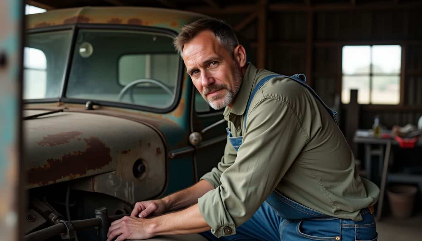 A man in his 40s working on a vintage truck in a rural workshop.