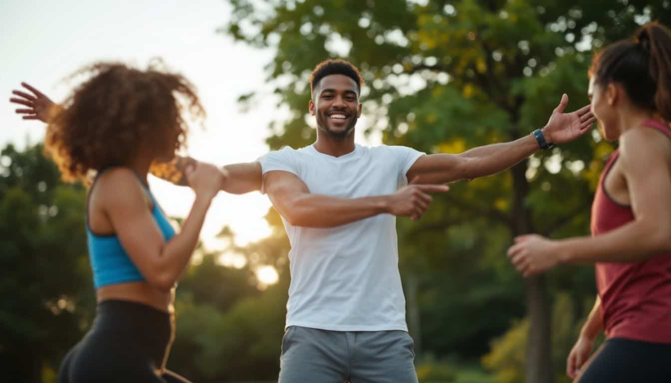 A diverse group of people in their 30s exercising together outdoors.