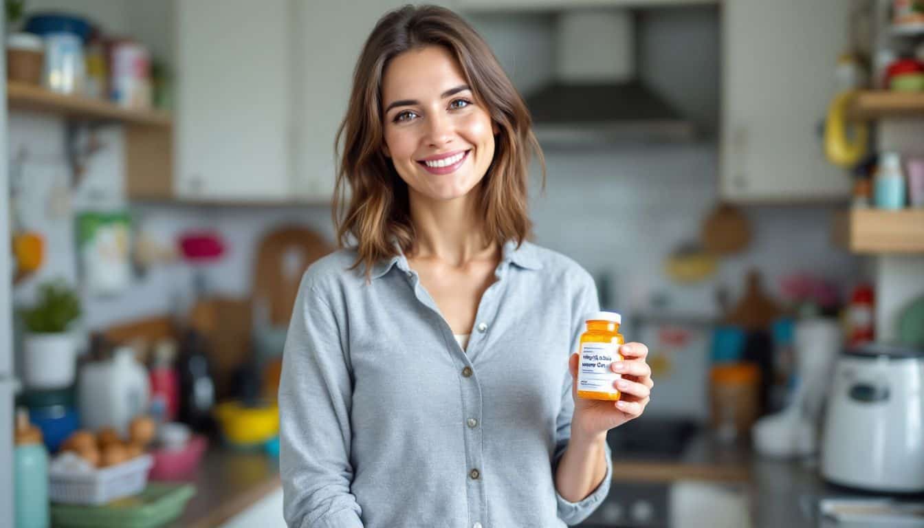 A woman holding a weight loss prescription bottle in a cluttered kitchen.