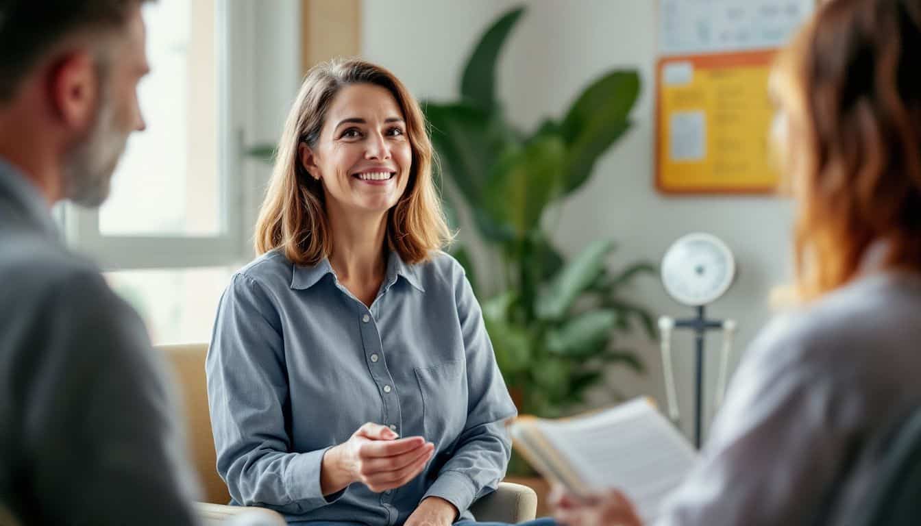 A middle-aged woman discussing weight loss goals with her physician.