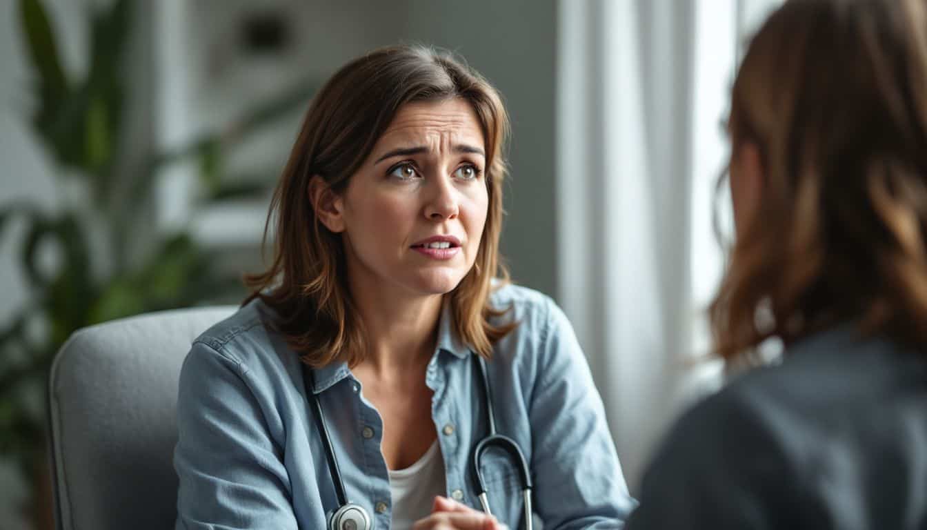 A woman discusses weight loss challenges with her physician in an office.