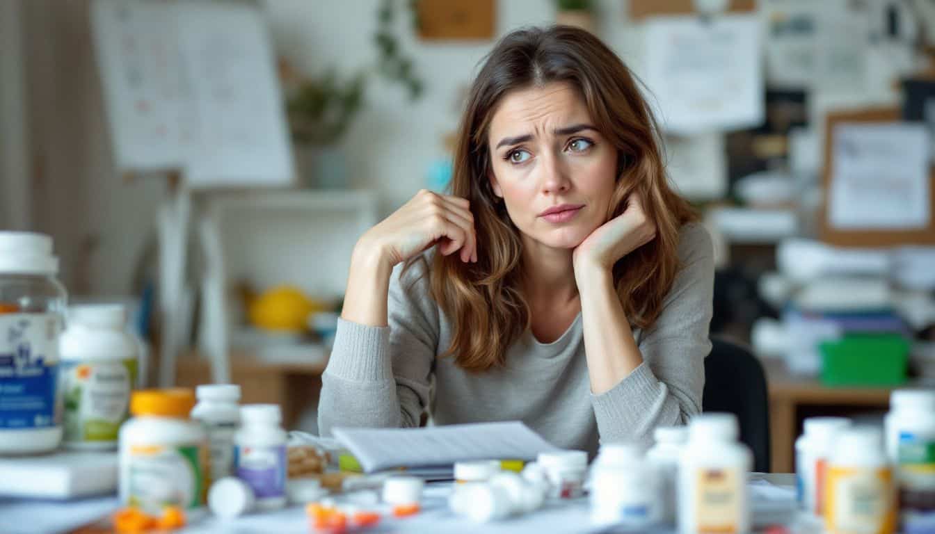 A woman sits at a cluttered desk surrounded by weight loss medications.