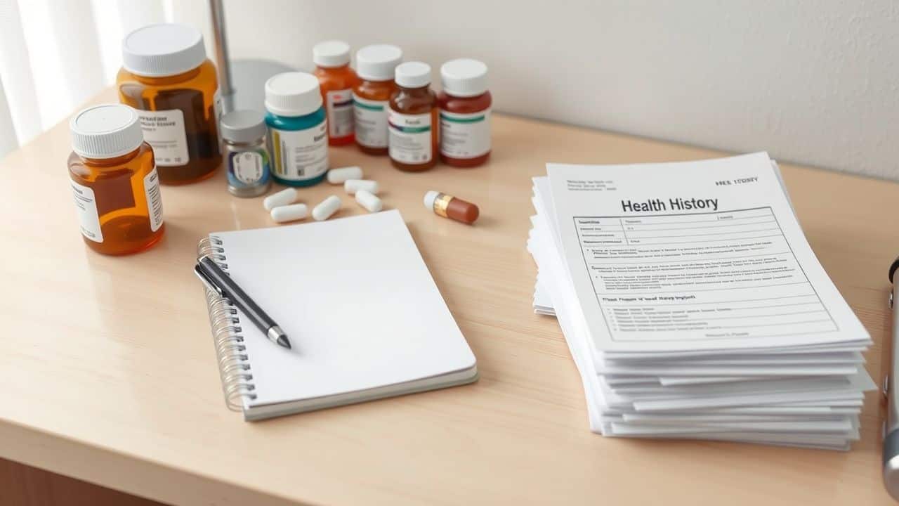 Neatly organized desk with pill bottles, health history papers, pen, and notebook.