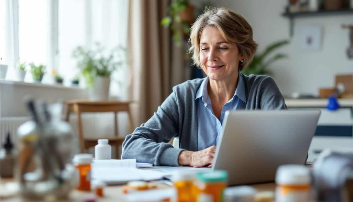 A woman sits at her cluttered desk, updating her medication list.