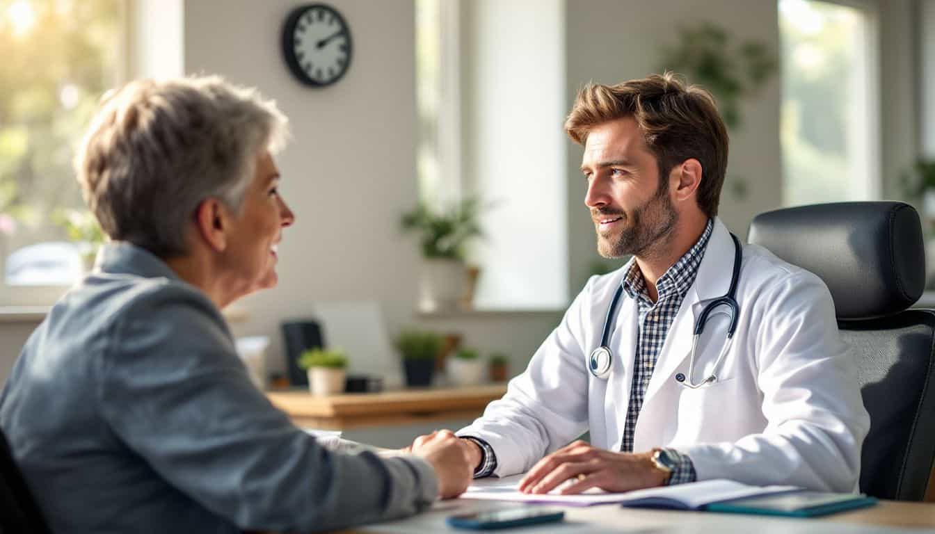 A doctor and patient discuss weight loss medication options in an office.