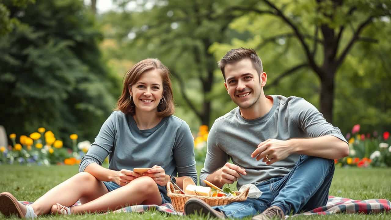 A couple in their 30s having a picnic in Hyde Park.