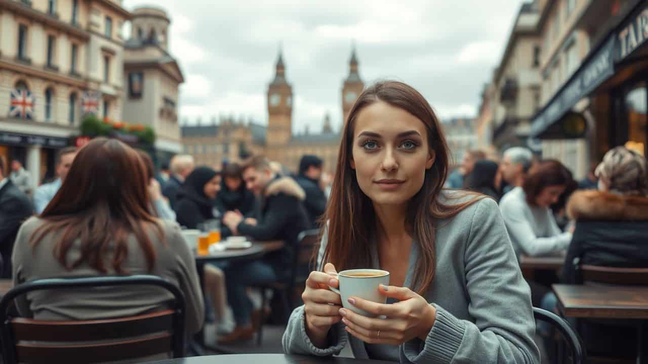 A young woman enjoying a cup of tea at a busy London café.