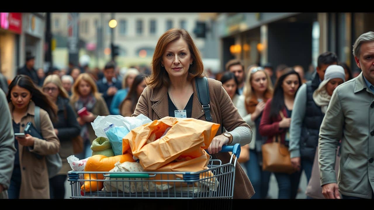 A woman maneuvering a heavily loaded grocery cart on a busy street.