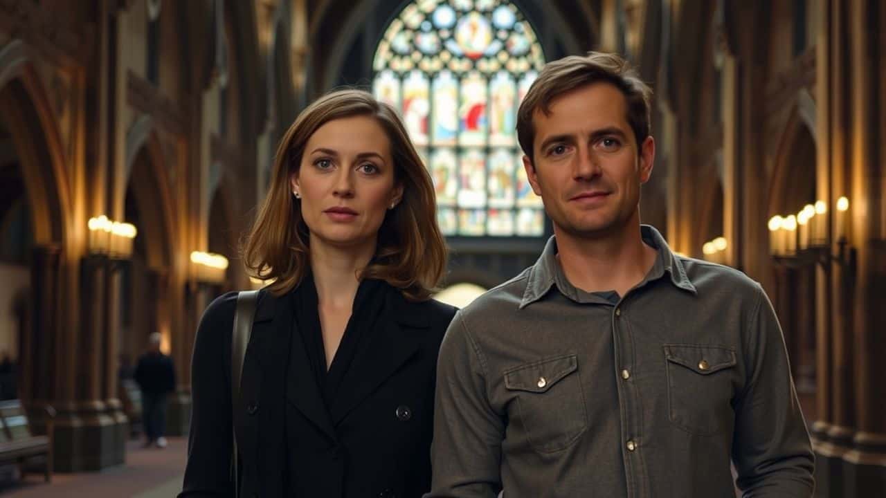 A couple exploring the historic Westminster Abbey in London.