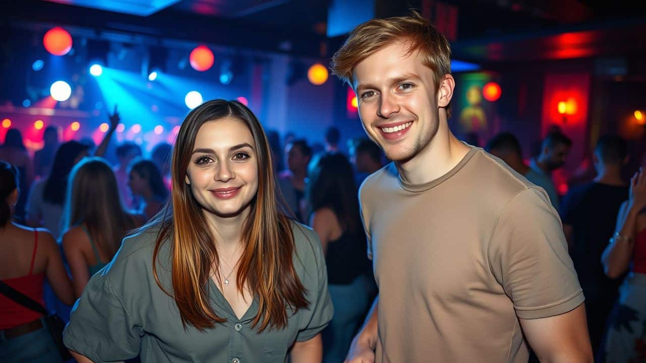 A couple enjoying live music at a lively nightclub in London.