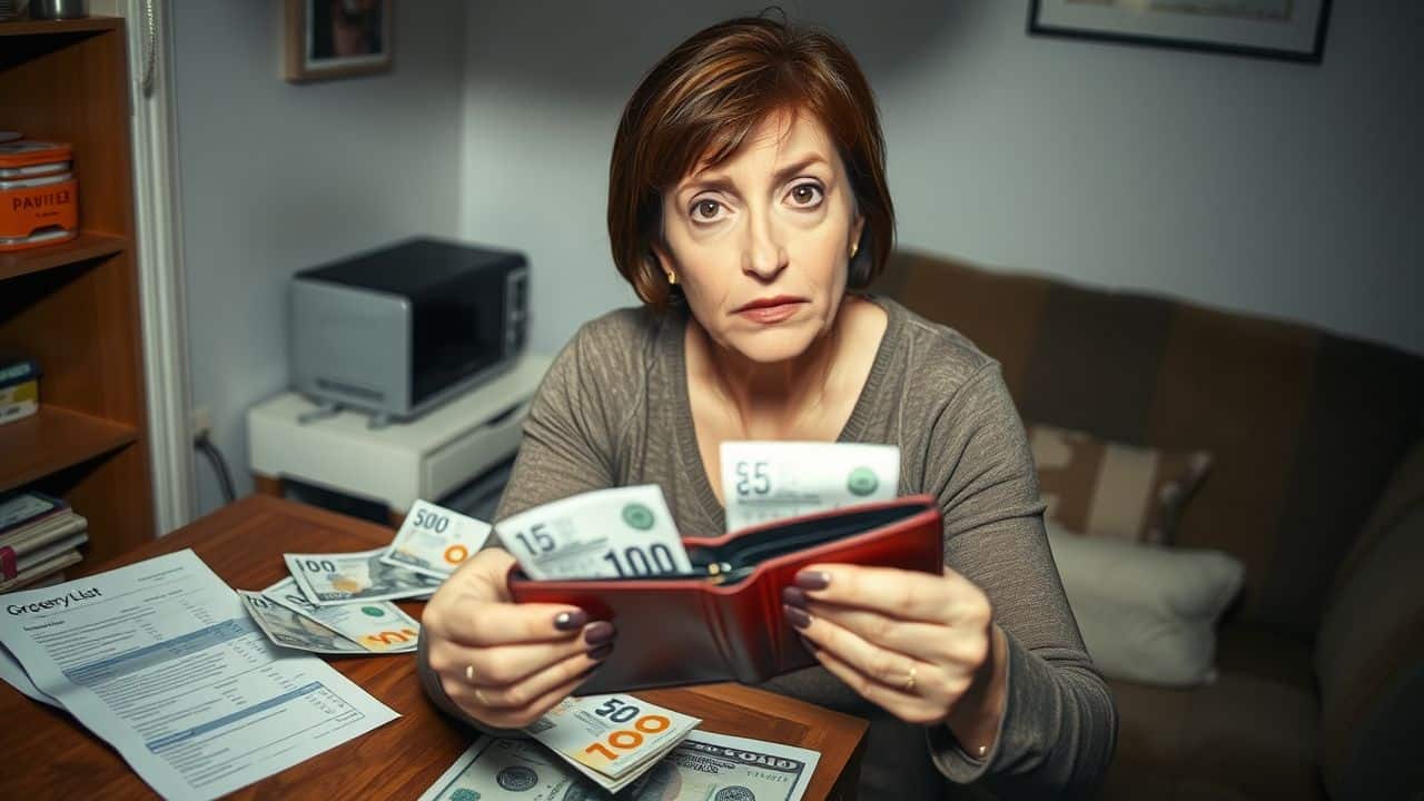 A woman in a small London apartment looks concerned holding an empty wallet.