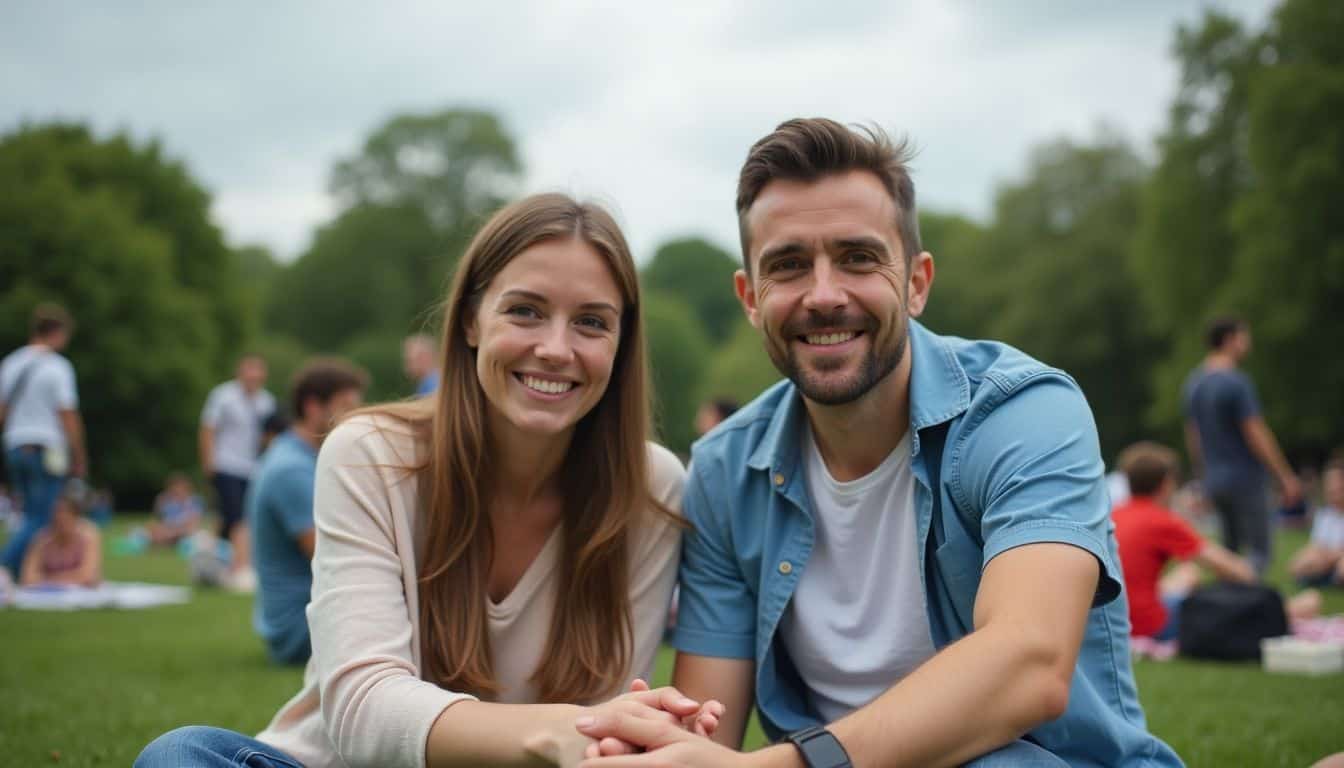 A couple in their 30s having a picnic in a busy London park.