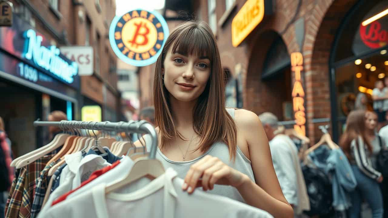 A young woman browsing vintage clothes at a London street market.