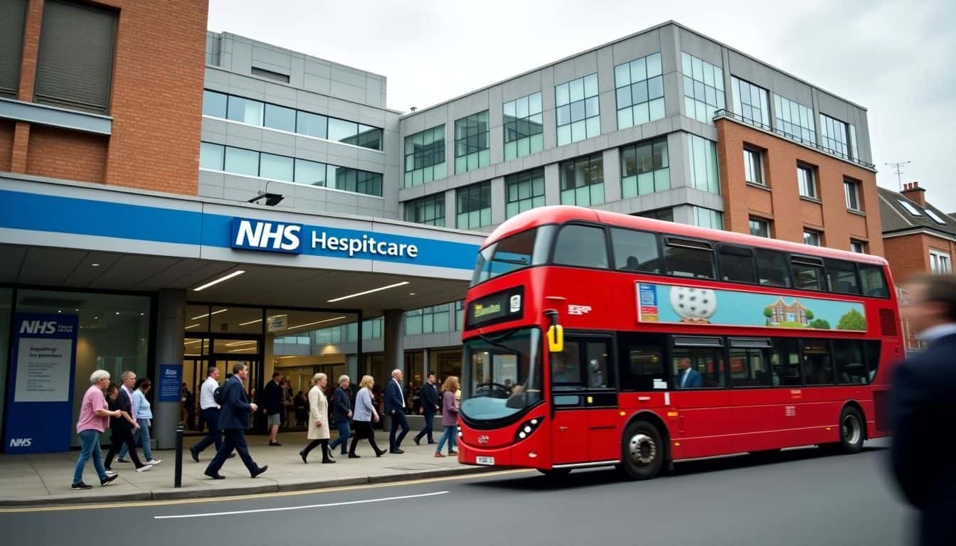 A busy London street with a red double-decker bus passing by.